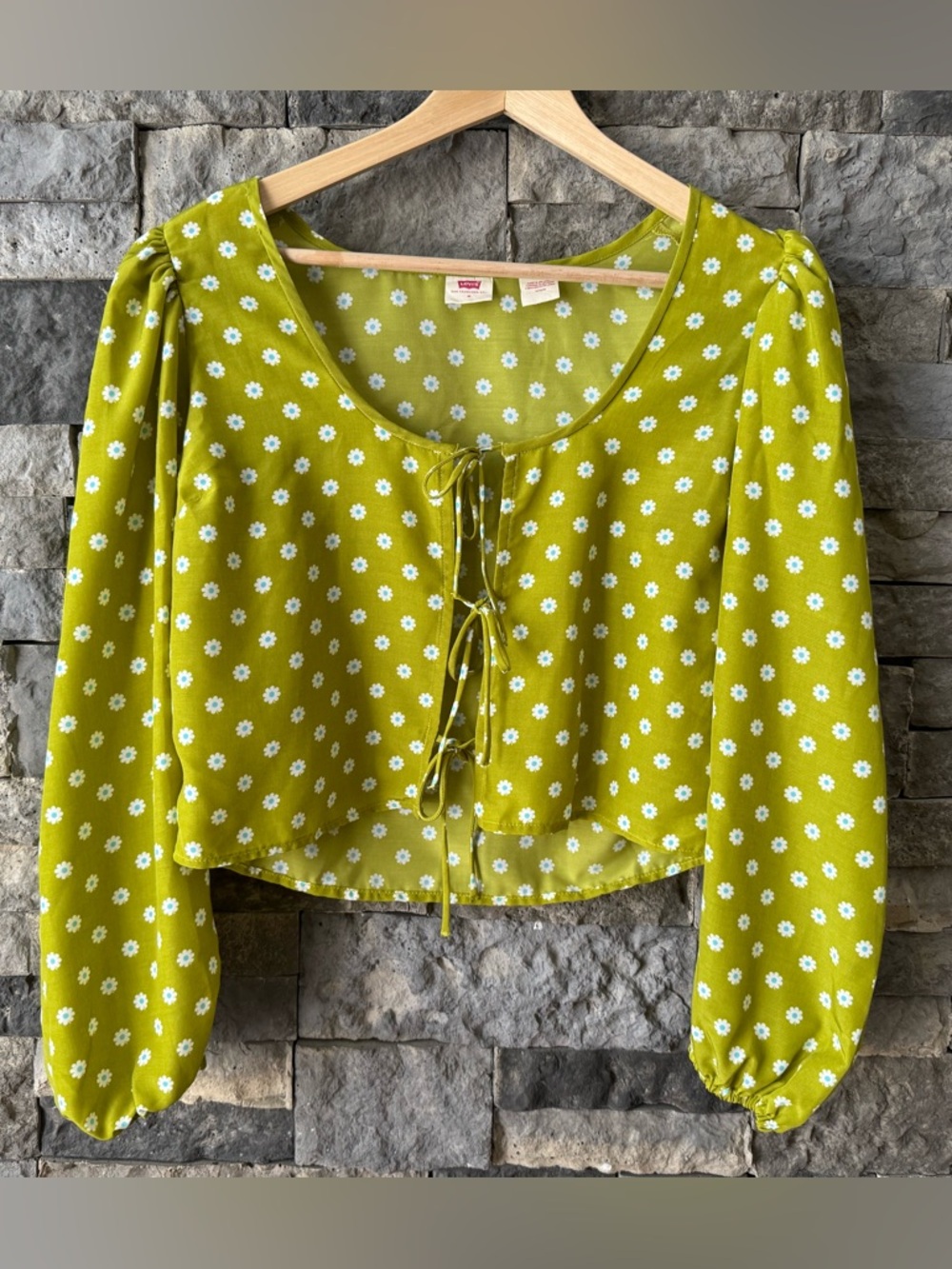 Levi's Green Daisy Print Tie Front Puff Sleeve Cropped Blouse Size Medium